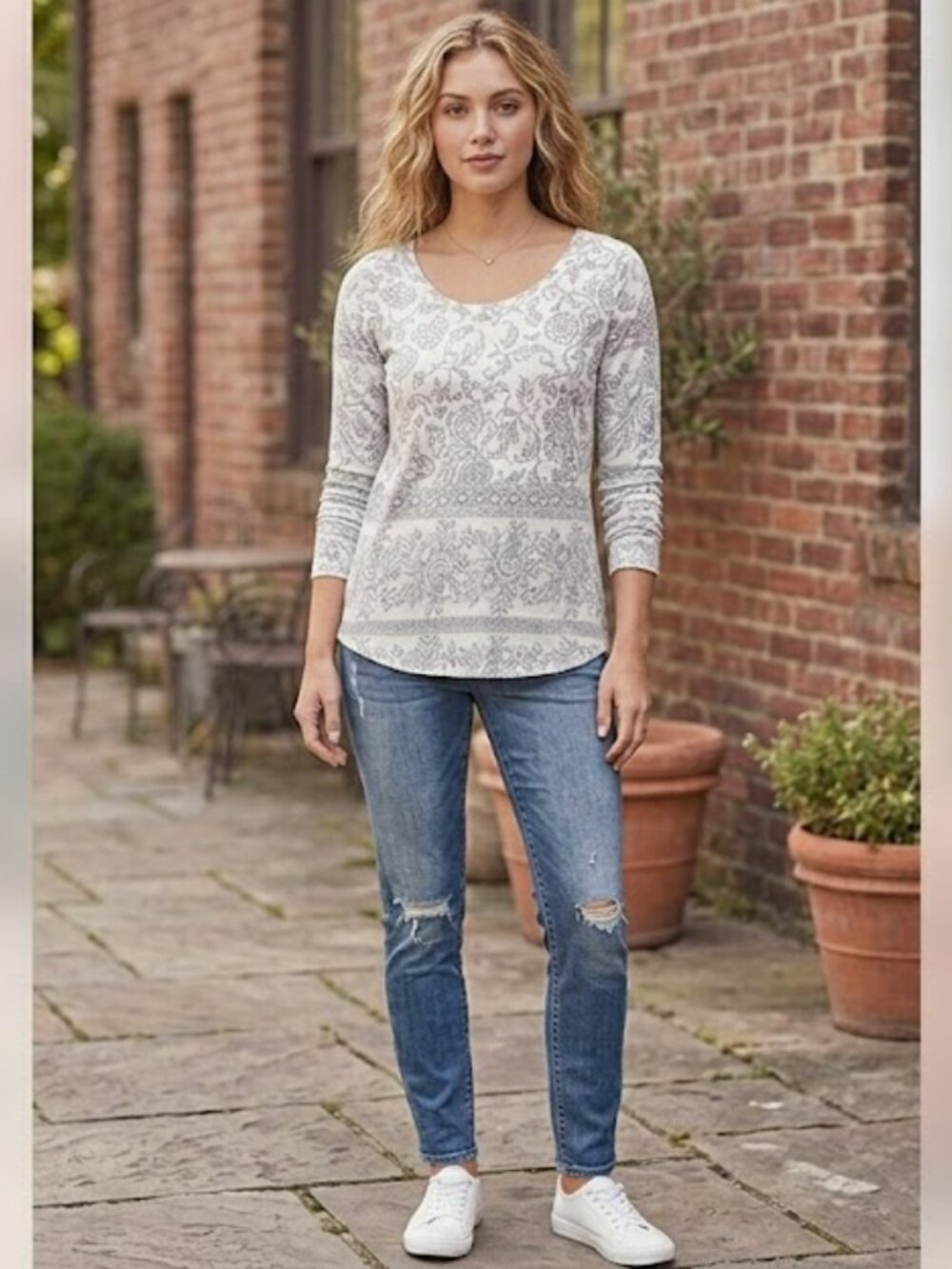 Lucky Brand Floral Medallion Print long Sleeve Top T-Shirt XS